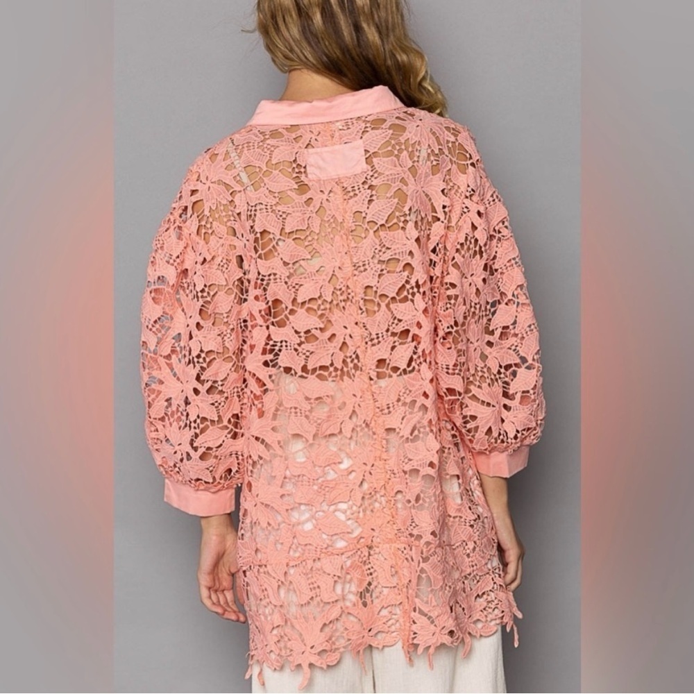 POL Collared Neck Button Up Crochet Lace Shirt Size Medium - Picture 6 of 7